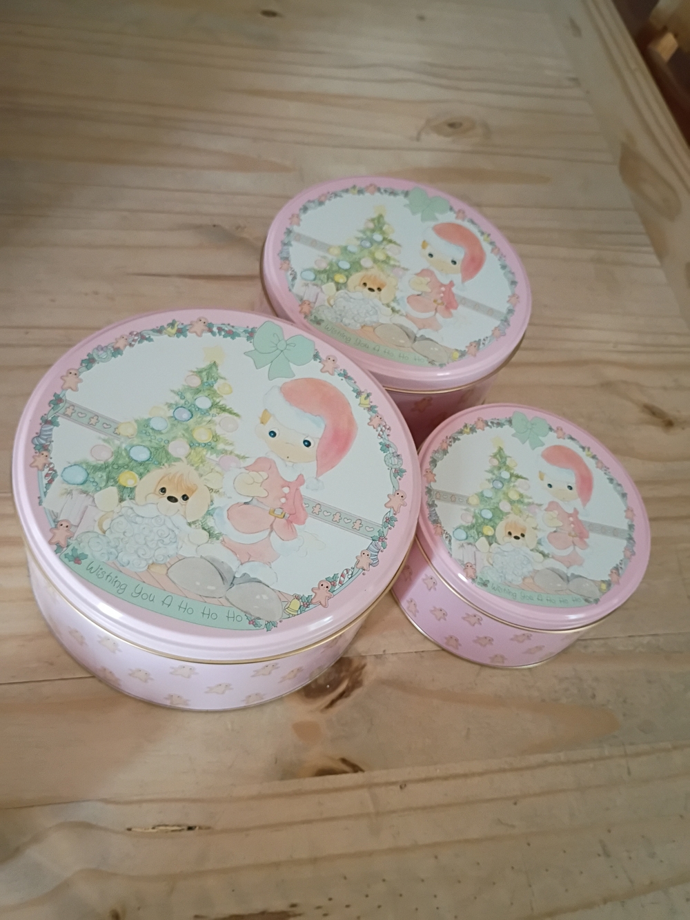 Precious Moments Pink Holiday Round Storage Tins Set of 3